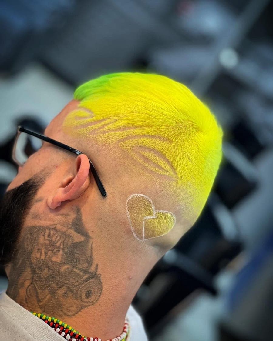 Neon yellow color with freehand hair art